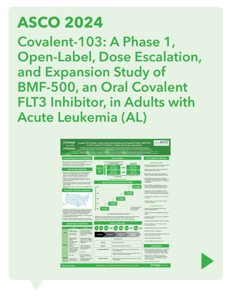 ASCO 2024 Covalent-103: A Phase 1, Open-Label, Dose Escalation, and Expansion Study of BMF-500, an Oral Covalent FLT3 Inhibitor, in Adults with Acute Leukemia (AL)