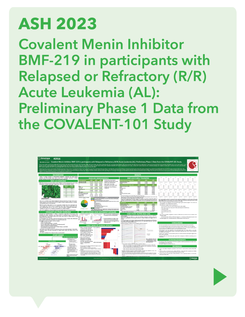 ASH 2023 Covalent Menin Inhibitor BMF-219 in participants with Relapsed or Refractory (R/R) Acute Leukemia (AL): Preliminary Phase 1 Data from the COVALENT-101 Study