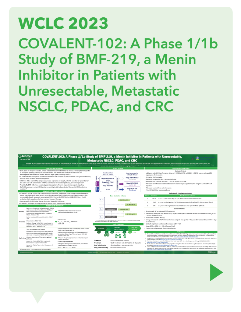 WCLC 2023 COVALENT-102: A Phase 1/1b Study of BMF-219, a Menin Inhibitor in Patients with Unresectable, Metastatic NSCLC, PDAC, and CRC