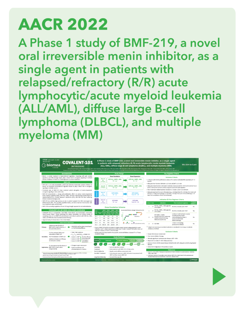 AACR 2022 A Phase 1 study of BMF-219, a novel oral irreversible menin inhibitor, as a single agent in patients with relapsed/refractory (R/R) acute lymphocytic/acute myeloid leukemia (ALL/AML), diffuse large B-cell lymphoma (DLBCL), and multiple myeloma (MM)